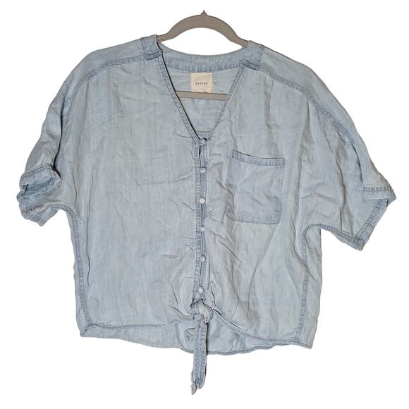 Harper Retro Denim Top XS‎ Blue Tie Front Button Up Short Sleeve Casual V-Neck - Picture 1 of 9